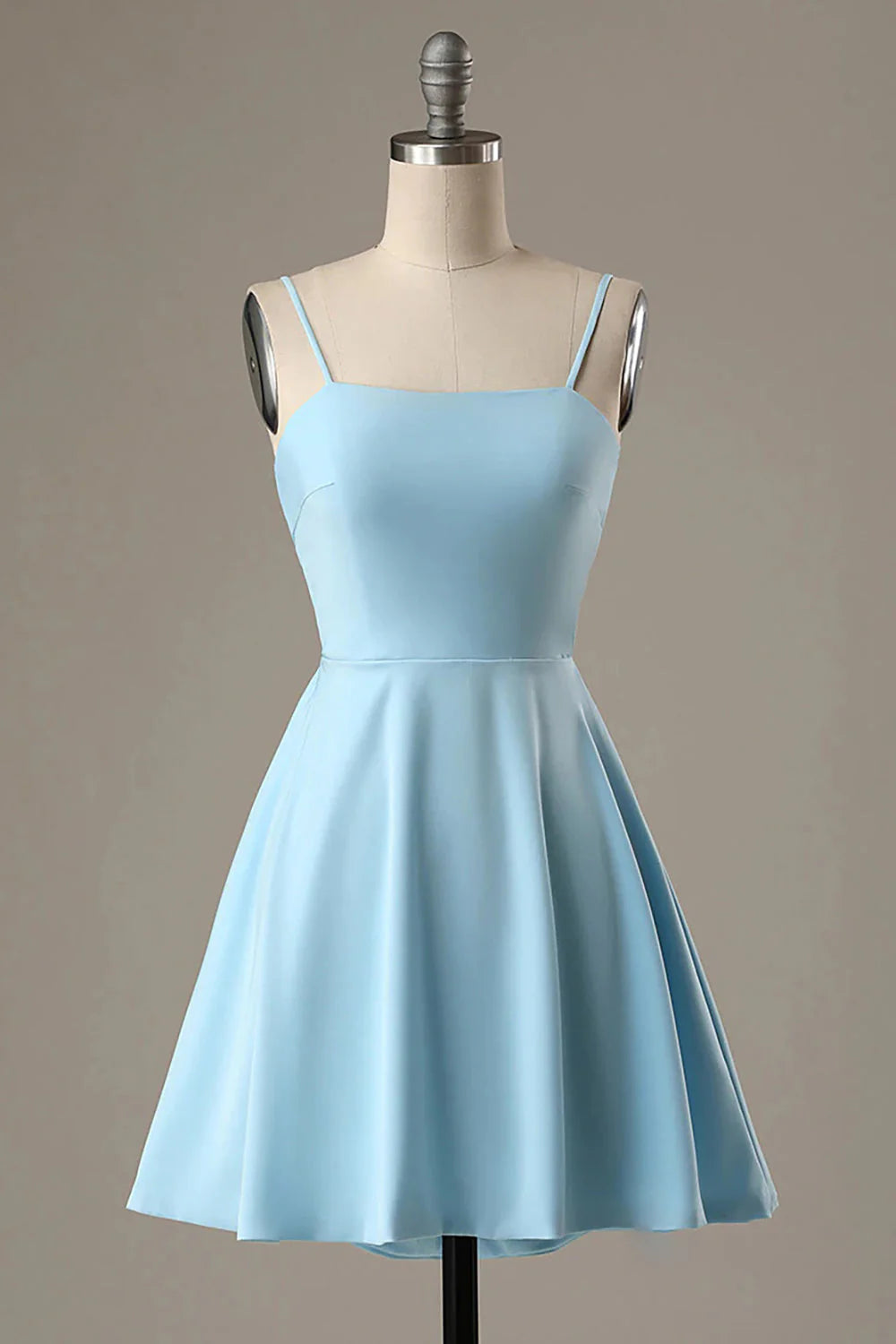 Blue fashion simple bow sleeveless short spaghetti strap A-line short satin mini homecoming dress evening gown gh808
