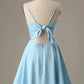 Blue fashion simple bow sleeveless short spaghetti strap A-line short satin mini homecoming dress evening gown gh808