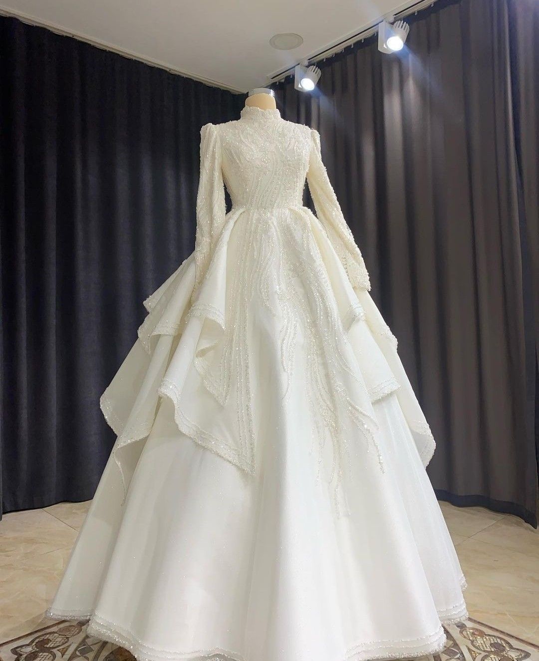 Palace Luxury Style High-Neck Beaded Long-Sleeve Gown | Satin Double-Layer Ballgown Maxi Dress for Wedding Bridal Evening Engagement Ceremony gh6414