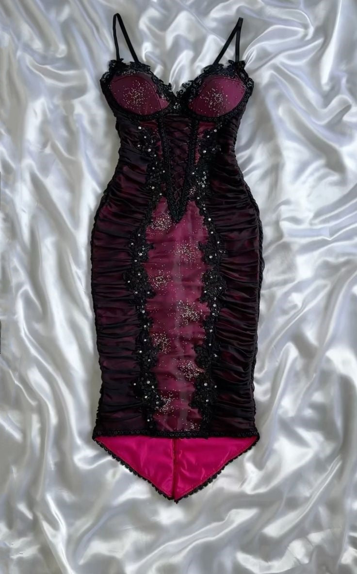 Black/Burgundy Retro Lace Camisole Dress: Fitted Waist, Sparkle Tulle Panel, Party Sexy Dress gh6593