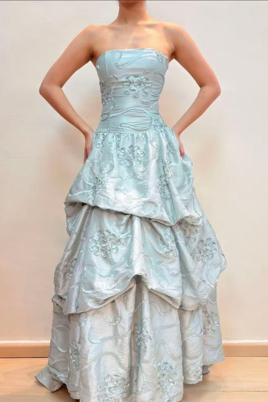 Girlhomeshops - Robe de soirée longue en satin bleu à fleurs, GH5780