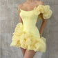 Girlhomeshops-Yellow one-shoulder fashion sweet bud skirt short chiffon homecoming dress birthday dress gh5269
