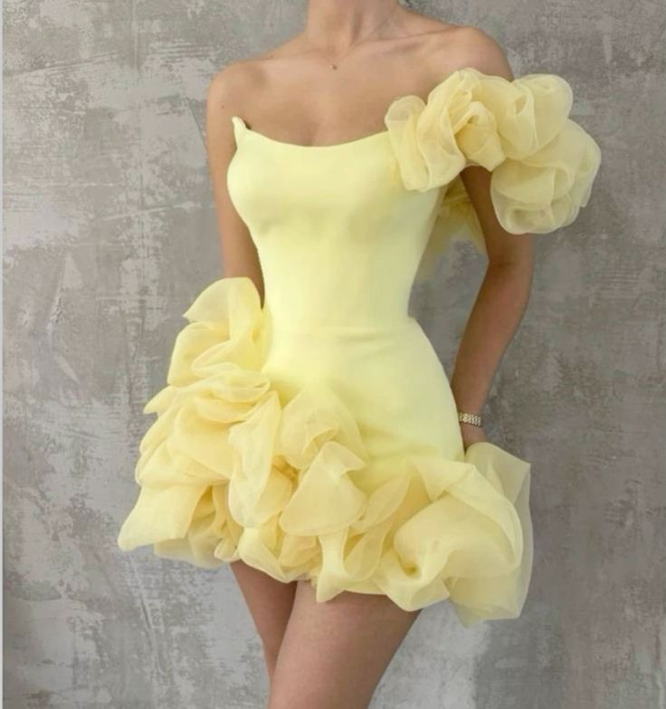Girlhomeshops-Yellow one-shoulder fashion sweet bud skirt short chiffon homecoming dress birthday dress gh5269