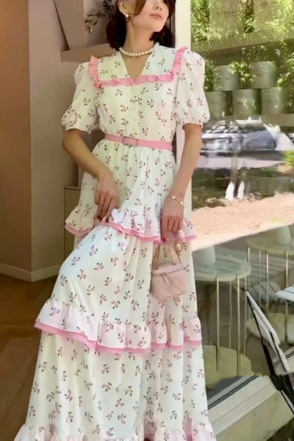 girlhomeshops-Rosa Kurzärmeliges Urlaubskleid gh5934