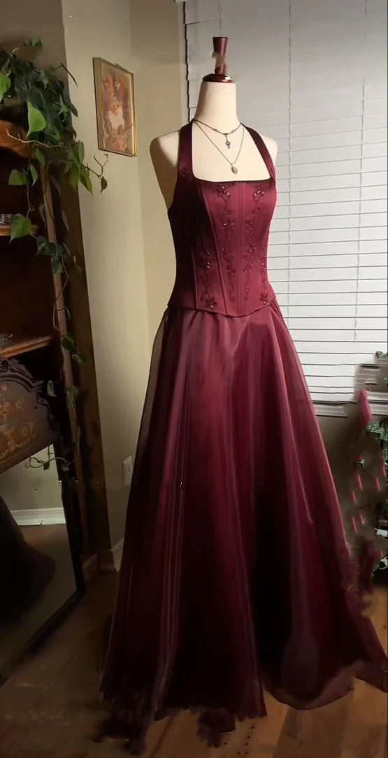 Burgundy red vintage elegant shiny beaded long tulle Prom Gown evening dress party dress gh3457