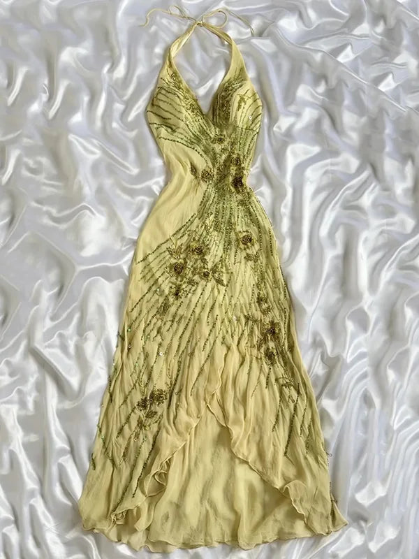Robe de soirée longue en mousseline de soie, jolie, élégante, délicate, florale, avec bretelles perlées, jaune, gh3823