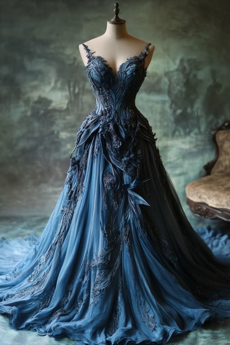 Blue charming retro fashion exquisite applique elegant spaghetti straps long tulle floor-length trailing ball gown evening dress gh3623