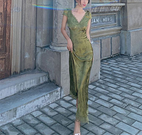 Girlhomeshops-Green open back elegant dress, French country style dress, wedding guest dress, prom dress, birthday dress, evening dress, party dress gh5157