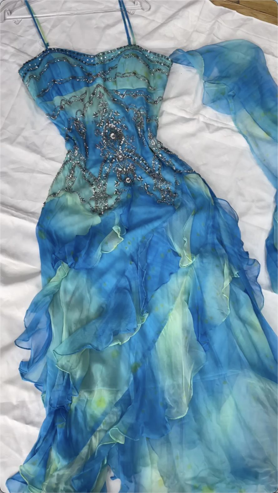 Blue Gradient Shiny Gorgeous Retro Fashion Exquisite Gemstone Beads Long Ankle Length Chiffon Ruffle Ball Dress Evening Dress Party Dress Prom Dress gh3777