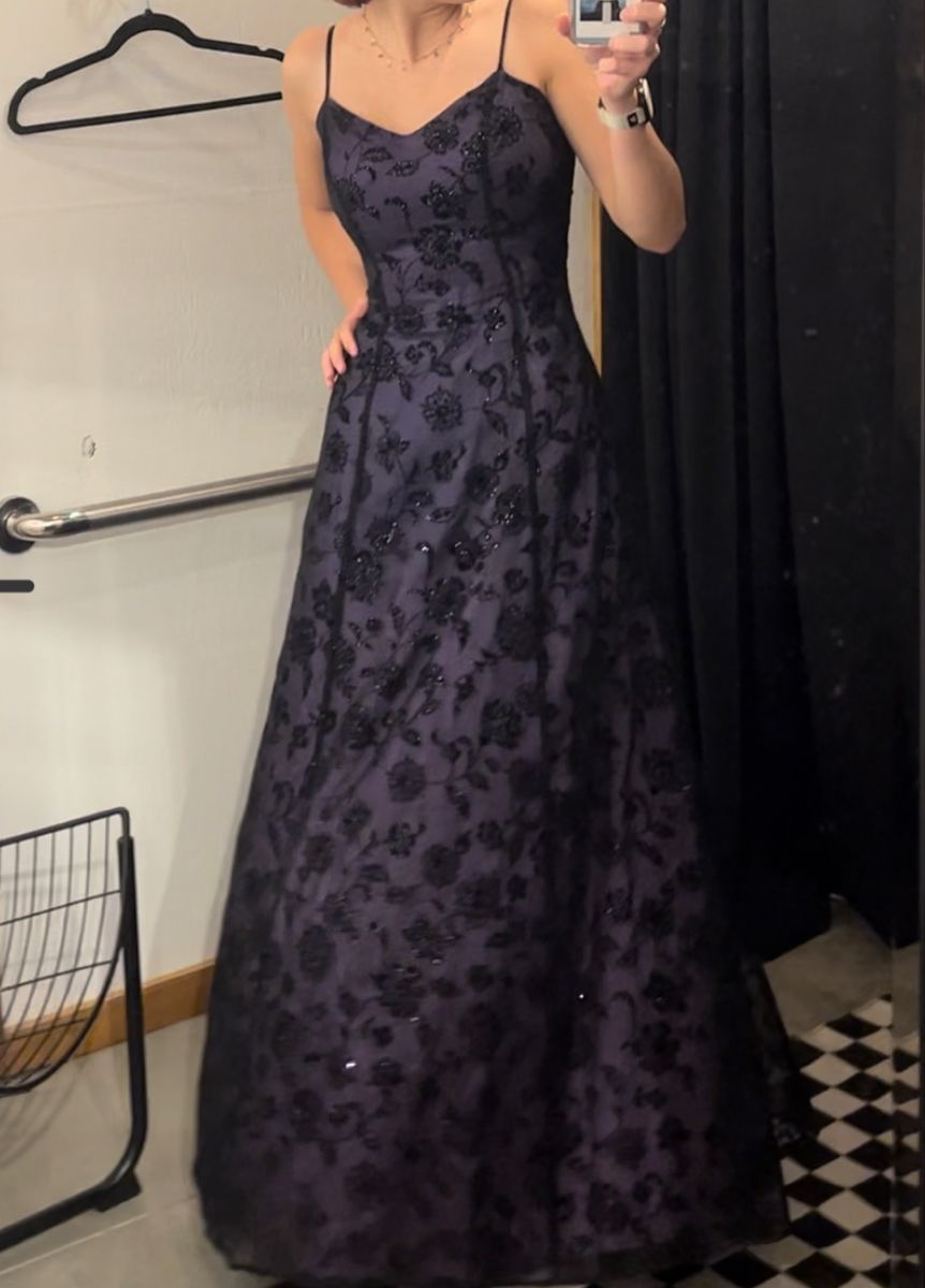 Purple & Black Gradient Floral Embroidery Camisole Dress: Deep V Open Back, Fitted Maxi, Retro Party Sexy Gown gh6609
