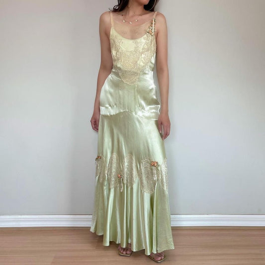 Girlhomeshops-Light green vintage French elegant satin long Prom dress evening dress party dress wedding guest dress gh5158