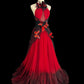 Girlhomeshops - Robe de soirée longue en tulle, style rétro, dégradé rouge et noir, motif papillon, exquise, dos nu, gh5355