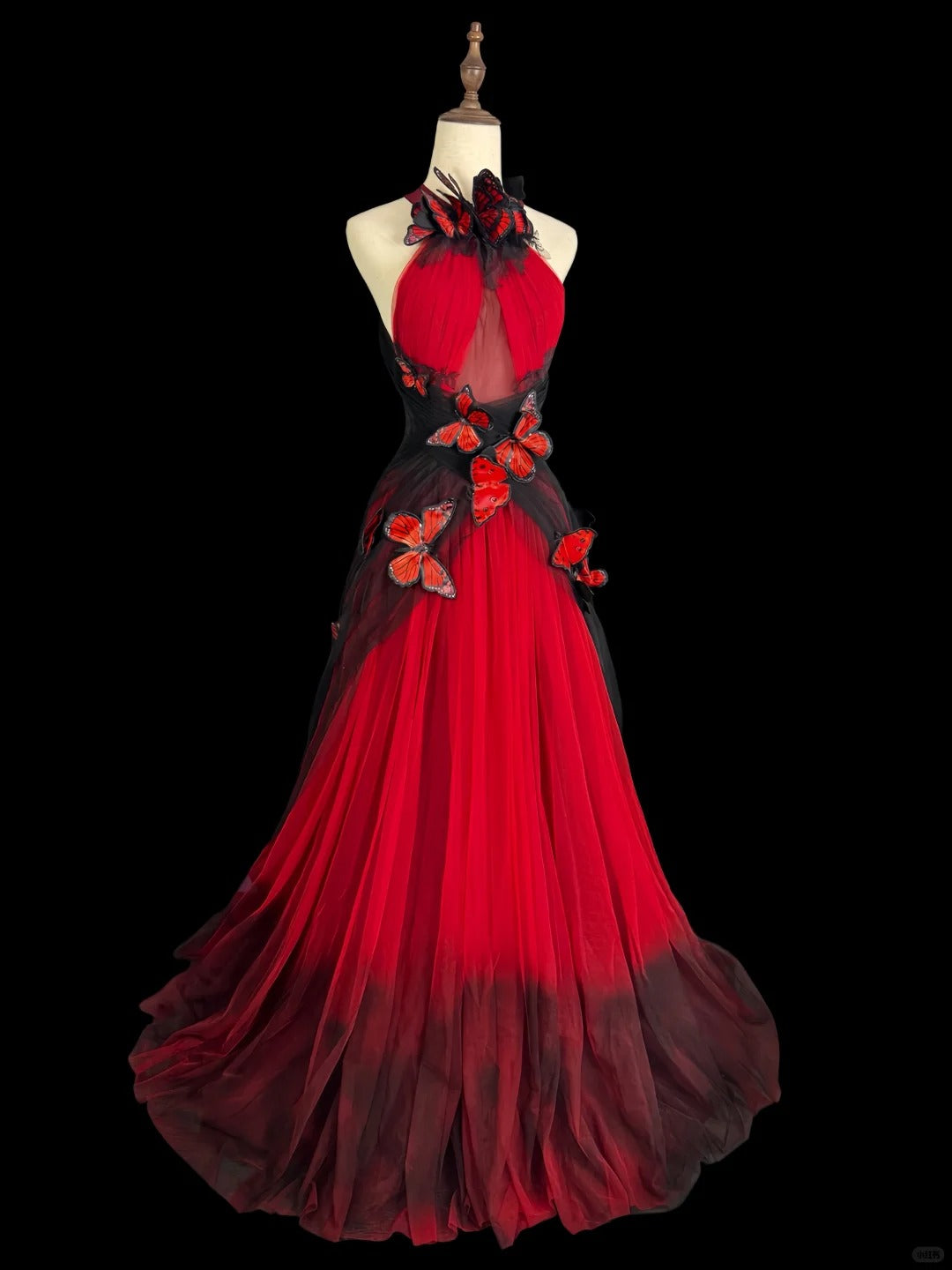 Girlhomeshops - Robe de soirée longue en tulle, style rétro, dégradé rouge et noir, motif papillon, exquise, dos nu, gh5355