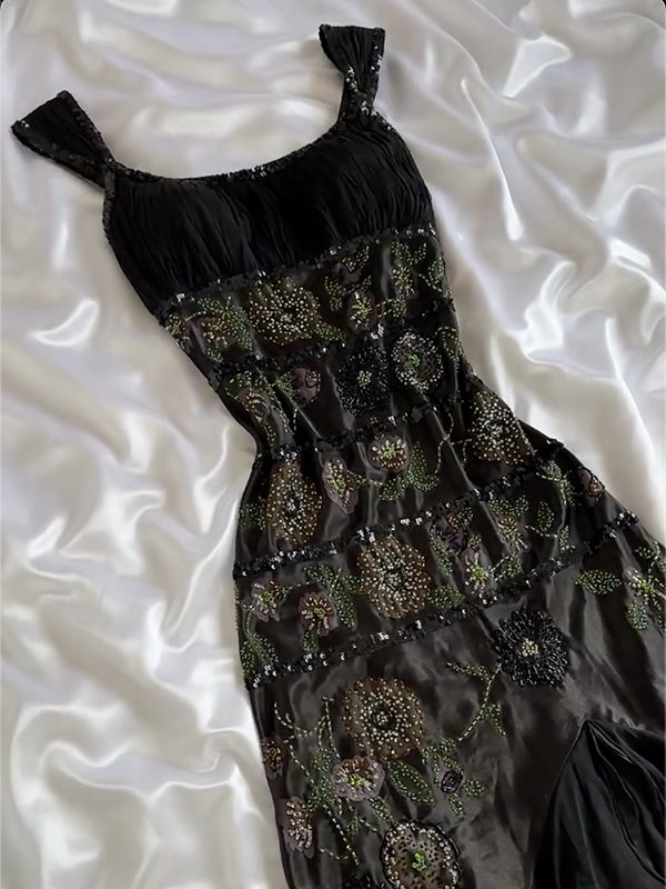 Black Gorgeous Fashion Exquisite Floral Beaded Long Ankle Length Satin Ball Gown Evening Gown Party Dress Prom Gown gh3775