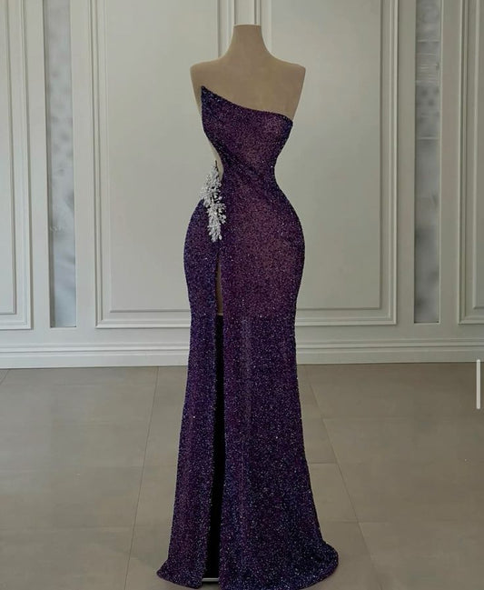 Girlhomeshops-Purple Shiny Sexy Elegant Long Sequin Slit Prom Dress Evening Dress Party Dress gh5034