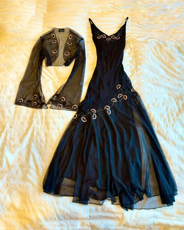 Black stylish elegant exquisite floral spaghetti strap long chiffon ball gown evening dress with jacket gh3299