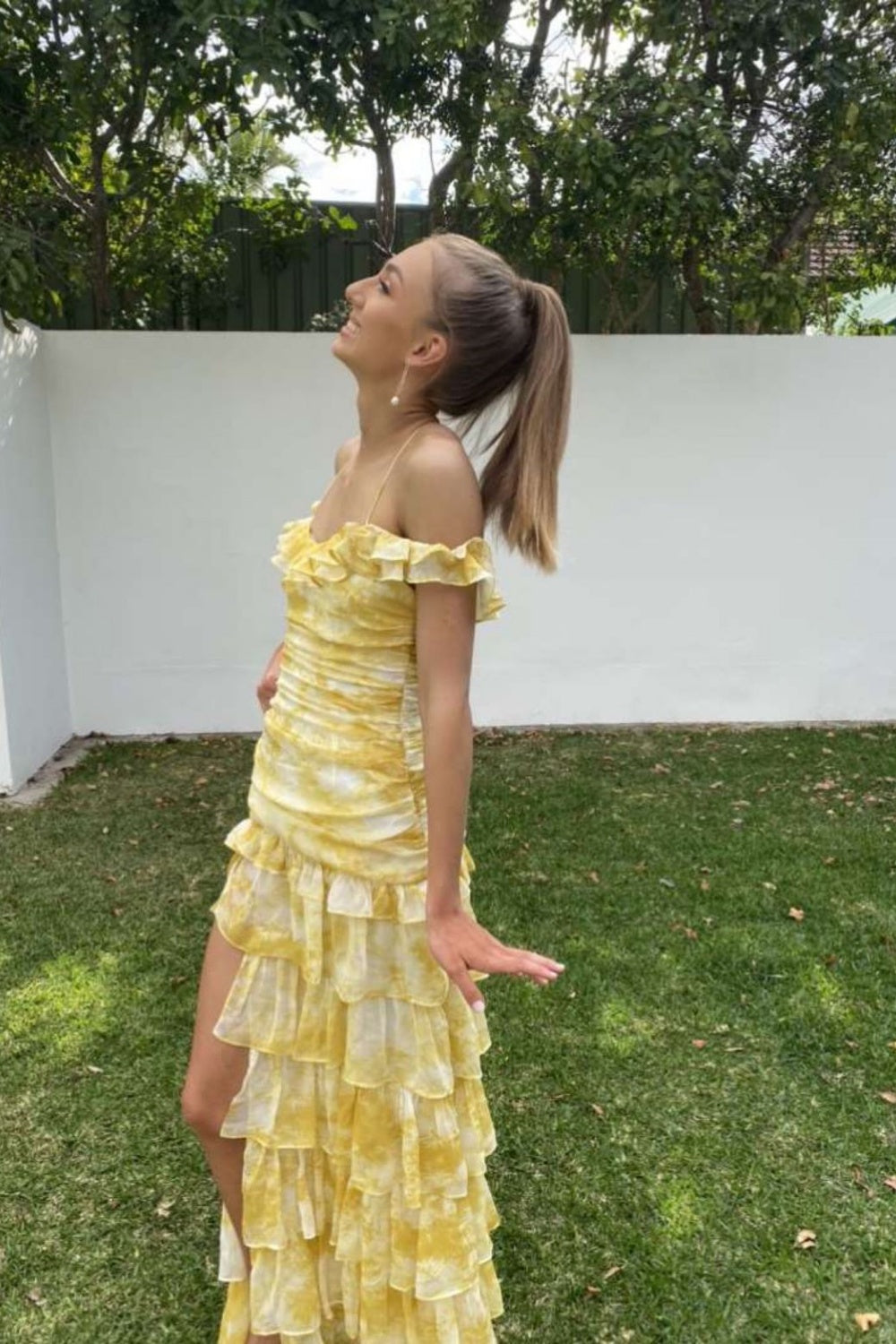 Girlhomeshops-Yellow sexy elegant floral ruffle long chiffon garden party dress wedding guest gown gh5205