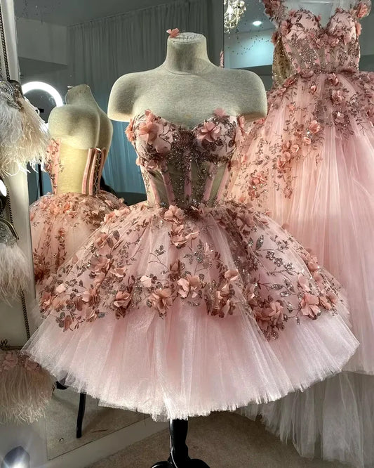 Robe de soirée courte rose magnifique et exquise avec appliques florales perlées, robe de bal, robe de soirée faite à la main avec fleurs, tenue d'anniversaire 14/16, robe de fête gh3307