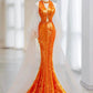 Robe de soirée élégante à manches longues en tulle et paillettes, magnifique, orange, brillante, sirène, slim, robe de bal, robe de soirée gh3386