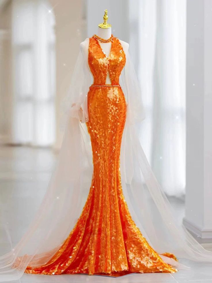 Robe de soirée élégante à manches longues en tulle et paillettes, magnifique, orange, brillante, sirène, slim, robe de bal, robe de soirée gh3386