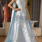Blue gorgeous exquisite floral beaded long satin ball gown evening gown graduation dress gh3275