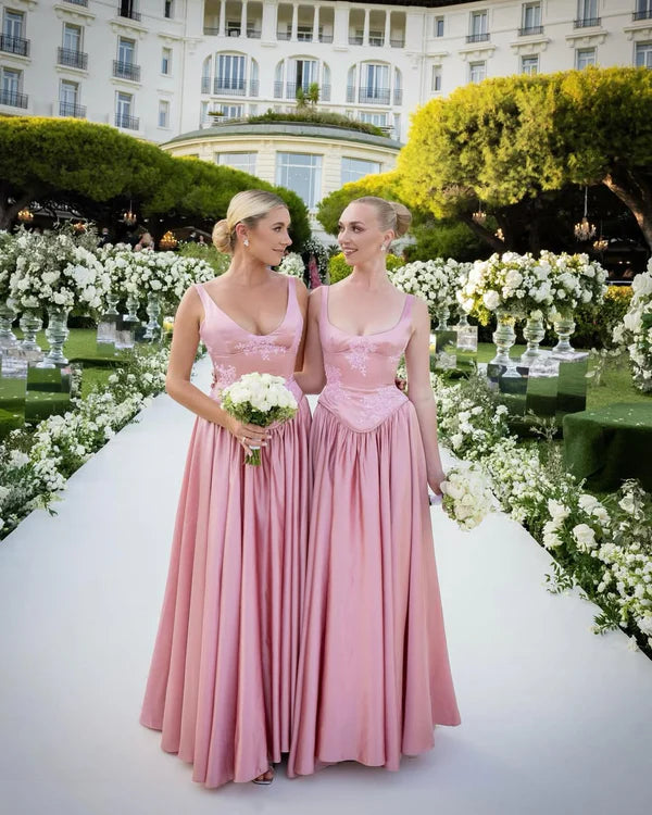 Robe de soirée longue en satin rose, élégante, style rétro, col rond, coupe trapèze, bretelles spaghetti, robe de demoiselle d'honneur, robe de fête d'anniversaire, gh3717