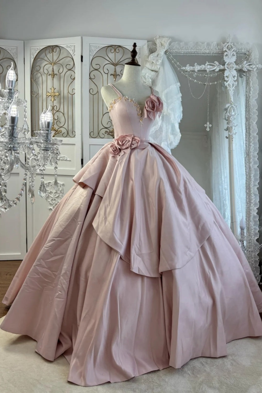 Pink Strapless Gown Beaded Neckline & 3D Rose Appliqués Showstopper  gh7062