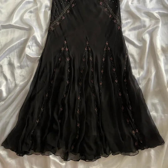 Robe de soirée élégante en mousseline de soie, style vintage, noire, motif floral, tenue de bal, de fête d'anniversaire, gh4271