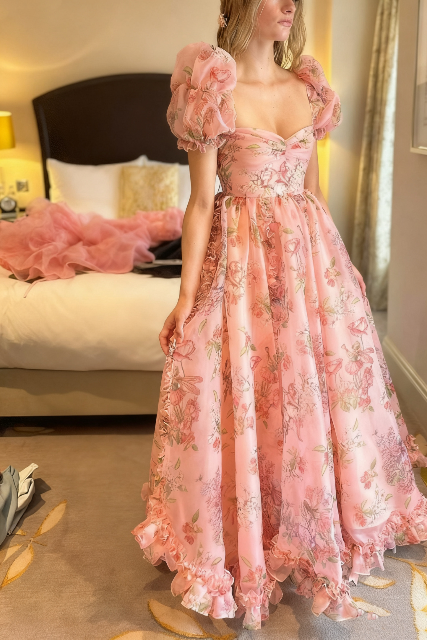 girlhomeshops-Rosa Blumenmuster Kurzarm Langes Chiffon Ballkleid Date Kleid gh5940