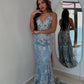Blue gorgeous shiny spaghetti strap bodycon long tulle ball gown mermaid evening dress gh2718