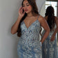 Blue gorgeous shiny spaghetti strap bodycon long tulle ball gown mermaid evening dress gh2718