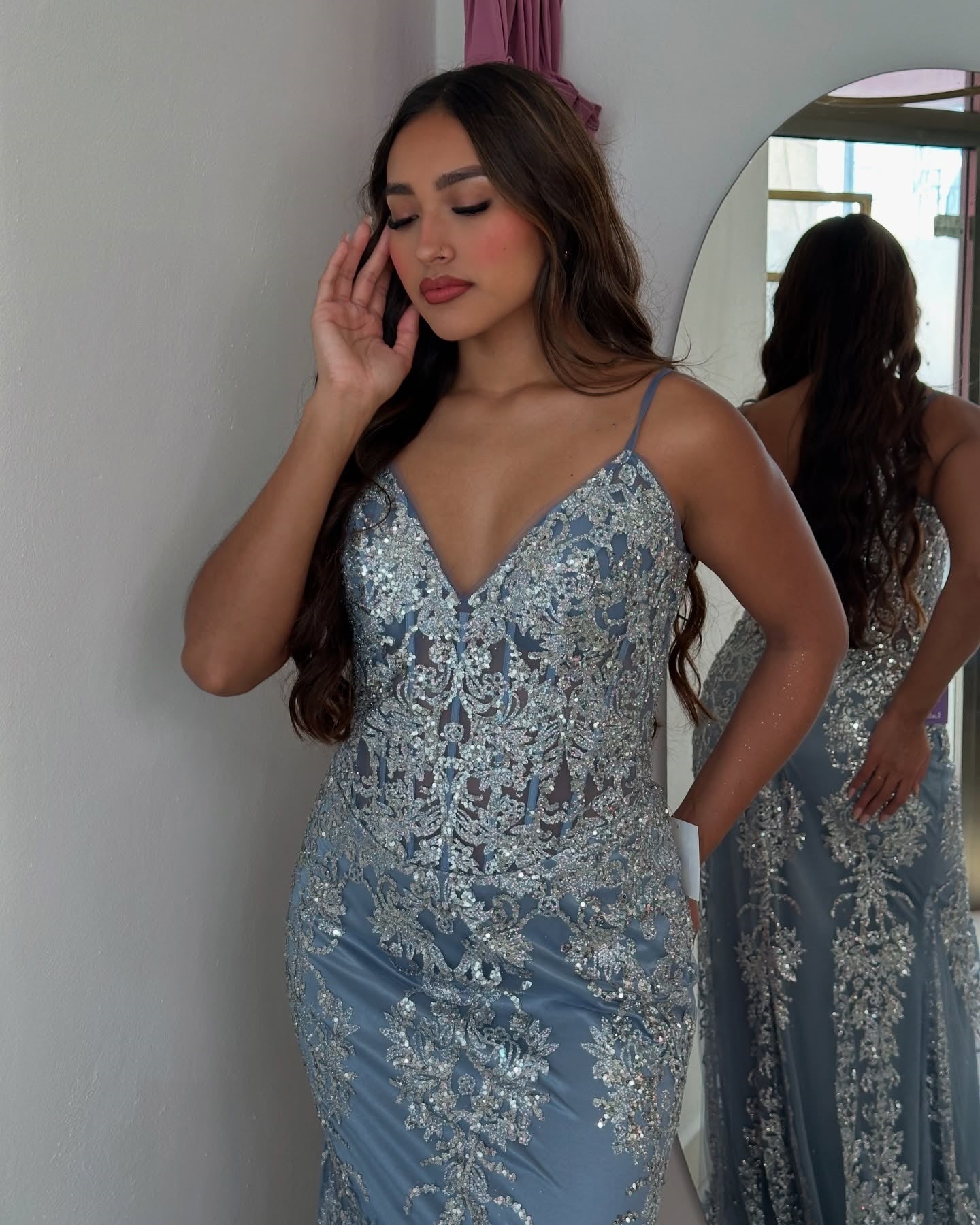 Blue gorgeous shiny spaghetti strap bodycon long tulle ball gown mermaid evening dress gh2718