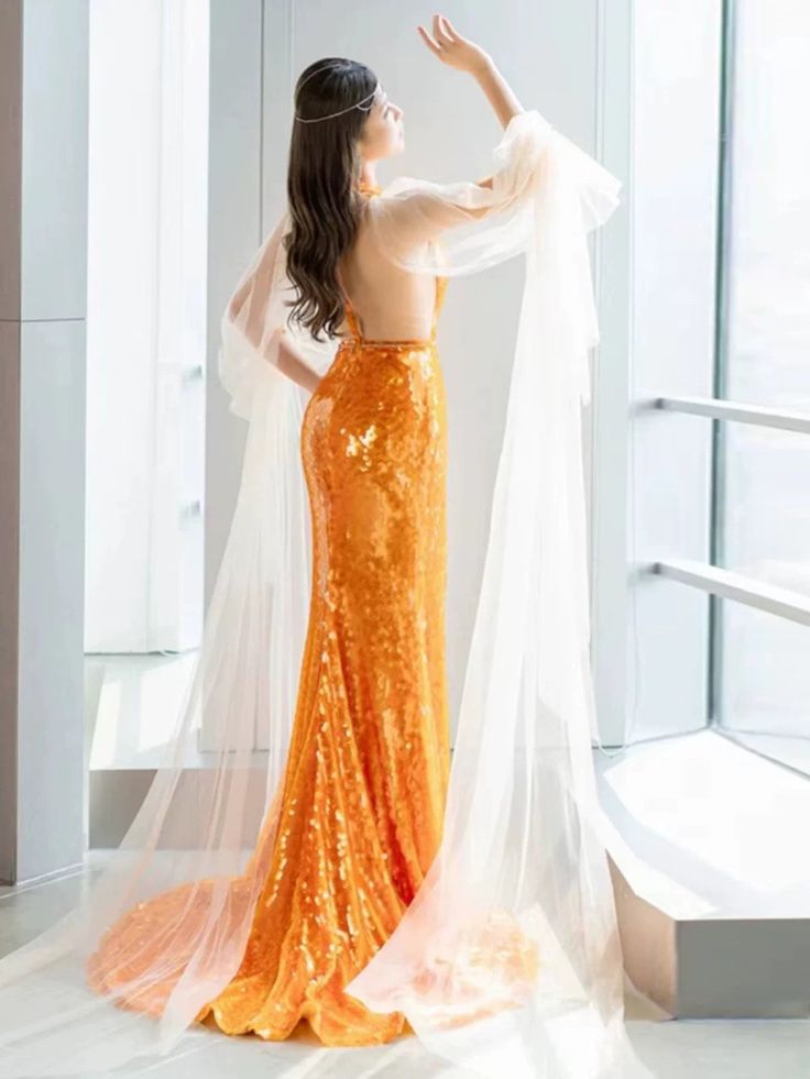 Robe de soirée élégante à manches longues en tulle et paillettes, magnifique, orange, brillante, sirène, slim, robe de bal, robe de soirée gh3386
