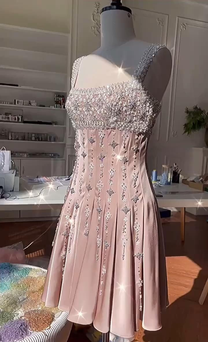 Girlhomeshops - Rosa, wunderschönes, exquisites, kurzes Satin-Heimkehrkleid mit Perlen, Geburtstagskleid gh5306