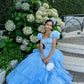 Blue Princess Cute Elegant A-line Short Sleeve Long Tulle Party Dress Evening Dress Ball Gown gh4197
