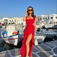 Red square neck spaghetti straps long chiffon ruffles elegant sexy slit ball gown evening dress wedding guest party dress gh3323