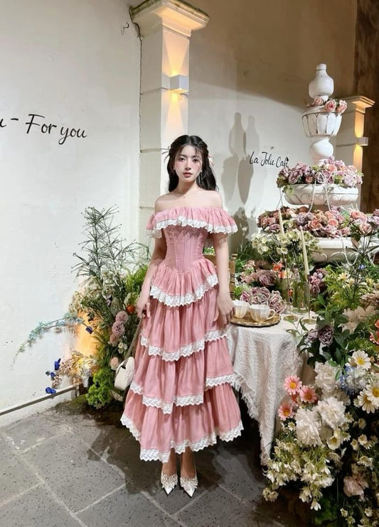 Pink Elegant Delicate Lace Corset Long Tiered Ball Gown Evening Dress Wedding Guest/Birthday Party Dress gh4128