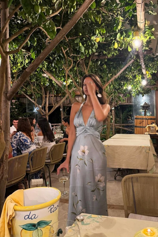 girlhomeshops-Party dress Blue floral long satin dress/vacation dress gh6152