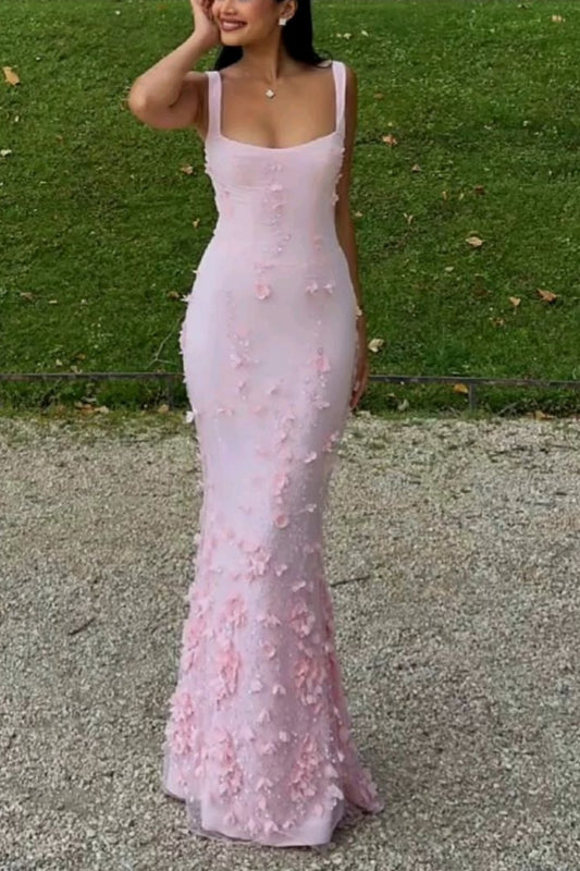 girlhomeshops-Rosa florales langes Satin-Tüll-Ballkleid gh5947