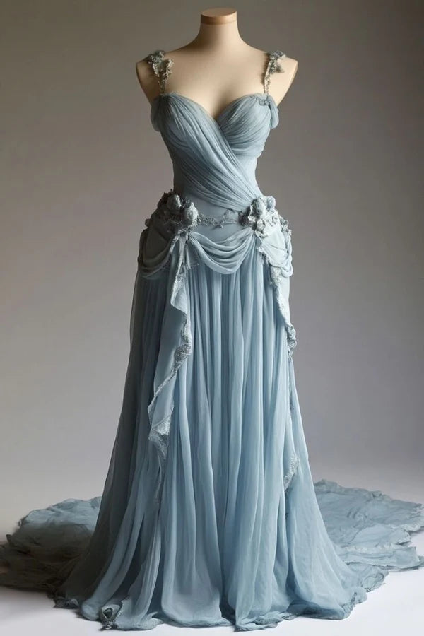 Robe de soirée longue en tulle bleu, magnifique, élégante, style rétro, avec des appliques florales, coupe trapèze, longueur au sol, gh3697
