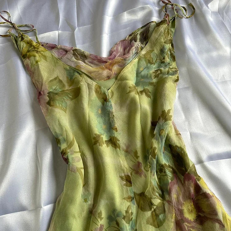 Robe de soirée longue en mousseline de soie, élégante et florale, verte, avec perles, gh4233