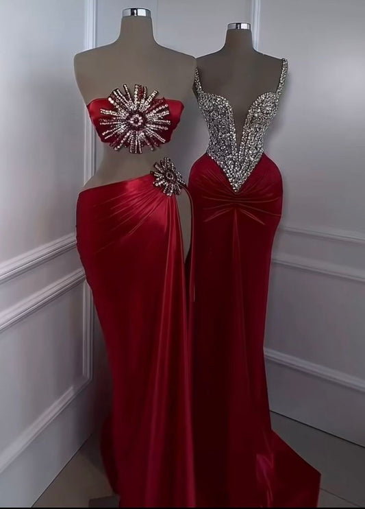 Girlhomeshops-Red beaded dress sexy elegant dress prom dresses party dress satin gh5143