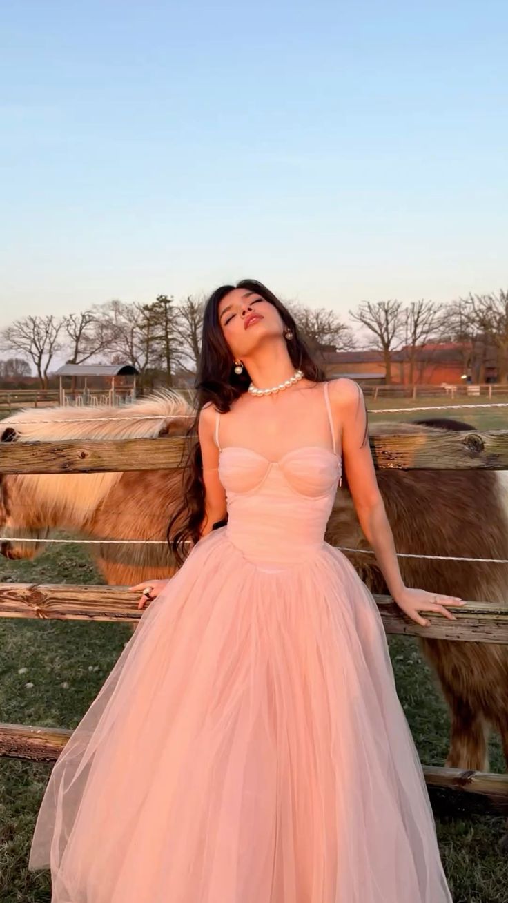 French Fairy-Sweet Style Spaghetti Strap Strapless Gown | Blush Tulle Ballgown Maxi Dress for Outdoor Party Engagement Garden Social Event gh6434