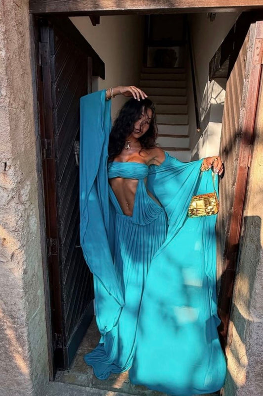 Glam Turquoise Cutout Maxi Dress | Strapless Wide-Sleeve Flowy Dress, Vacation Dress gh6456