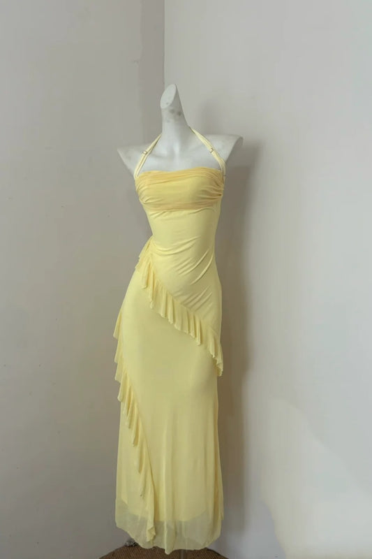 Girlhomeshops – Gelbes, modisches, langes Chiffon-Rüschen-Ballkleid mit Hosenträgern, gh5472