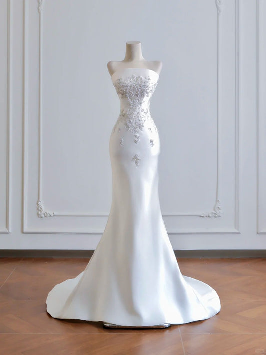 Girlhomeshops - Robe de mariée longue en satin blanc et perles exquises gh5483