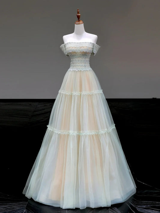 Girlhomeshops-Mint green elegant lace long tulle prom dress evening dress party dress gh5124