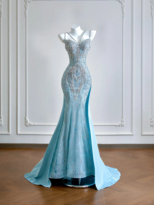 Girlhomeshops – Aquablaues Meerjungfrauenschwanz-Ballkleid mit exquisiter Perlenbesatz, lang und bodenlang, Tüll, gh5484