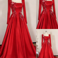 Crimson Satin Square-Neck Long-Sleeve 3D Flower Train Gown gh6387