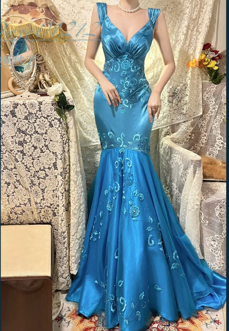 Robe de soirée longue en satin bleu à fleurs, élégante, robe de demoiselle d'honneur, gh4464
